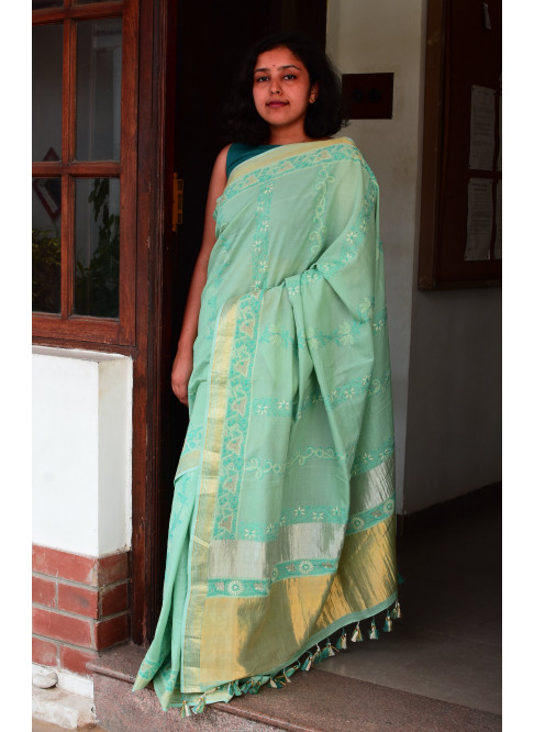 Greenish  Blue, Handwoven Organic Cotton, Plain Weave , Hand Embroidery, Occasion Wear, Jari, Chikankari Saree